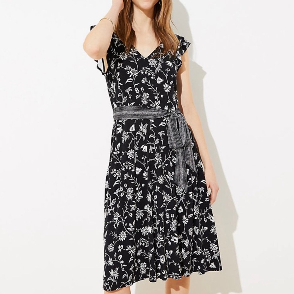 Loft Black & White Floral Cutout Back Dress
